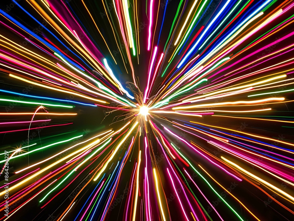 Colorful light streaks on a black background, a starburst effect, vibrant colors, a motion blur, speed lines, high-speed photography, a wide-angle lens, a night scene, a festive atmosphere. Colorful light streaks on a black background, a starburst effect, vibrant colors, a motion blur, speed lines, high-speed photography, a wide-angle lens, a night scene, a festive atmosphere.