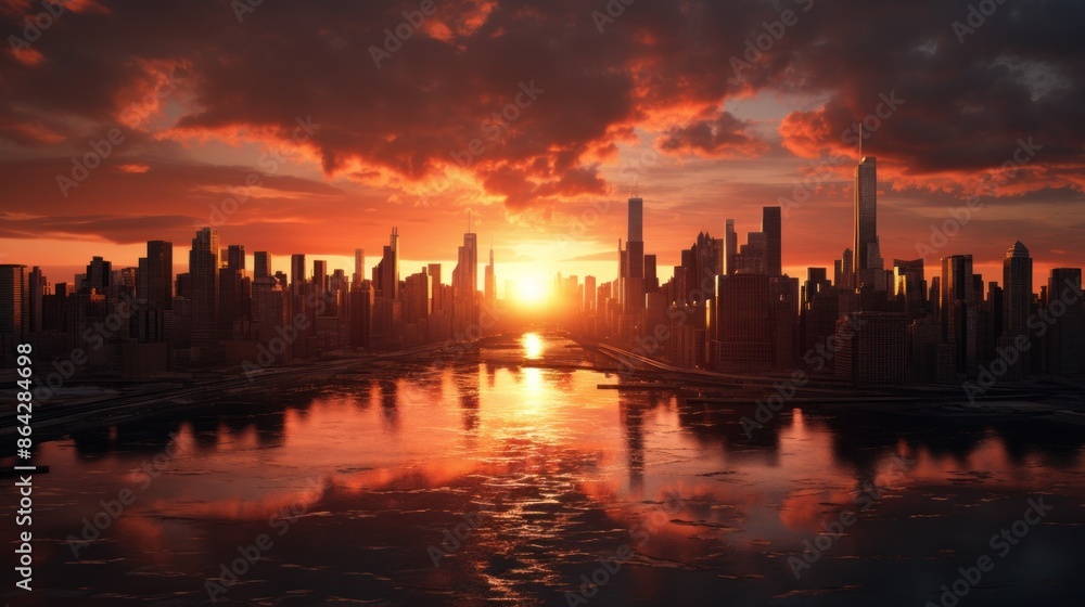 Modern city at sunset. Retrowave. Modern city at sunset. Retrowave.