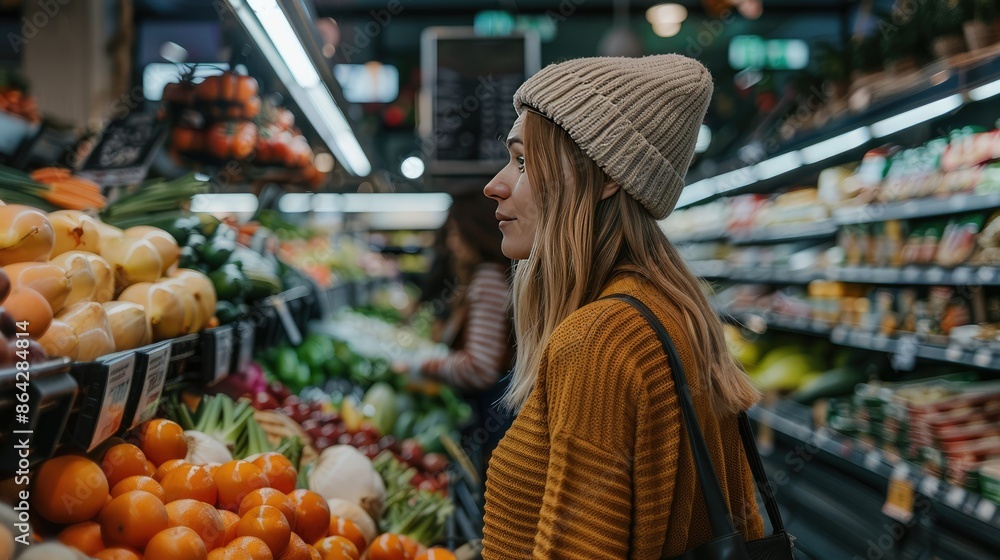 American woman shopping for produce in grocery store American woman shopping for produce in grocery store
