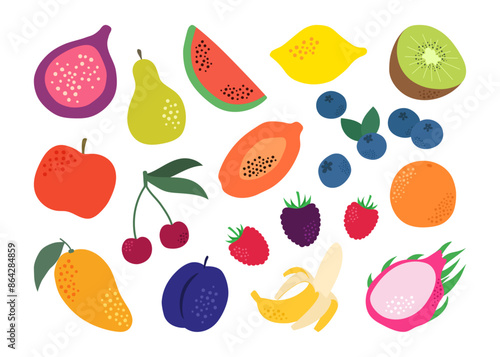 Set of cartoon fruits. Organic fruits collection in doodle style, vector illustration isolated on white background