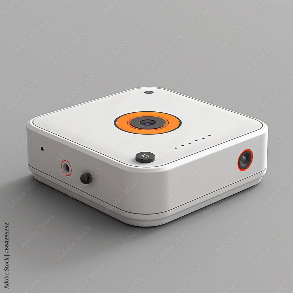 Fototapeta premium Modern white and orange projector on a gray background.