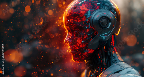 Cyborg profile with glowing details, futuristic setting photo