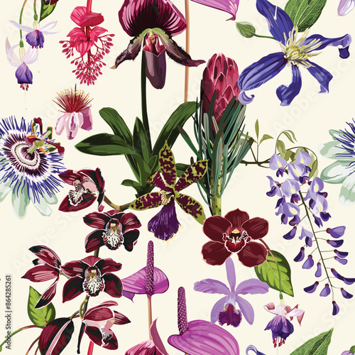 Tropical floral seamless pattern background with exotic dark flowers, palm leaves, jungle leaf, orchid, visteriae flower, protea. Botanical wallpaper illustration in Hawaiian style.