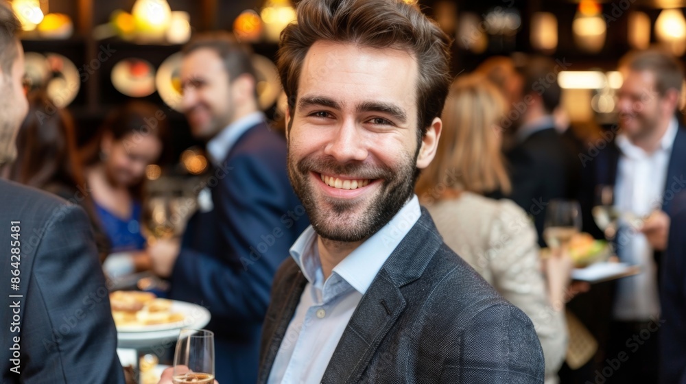 Smiling man enjoying a social event with friends Smiling man enjoying a social event with friends