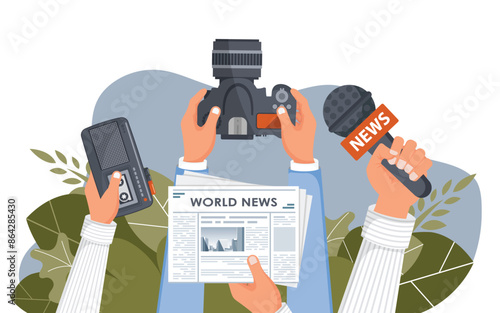 Journalism. Camera and photos. Mass media, television, interview, breaking news, press conference concept. Flat vector