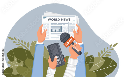 Journalism. Camera and photos. Mass media, television, interview, breaking news, press conference concept. Flat vector