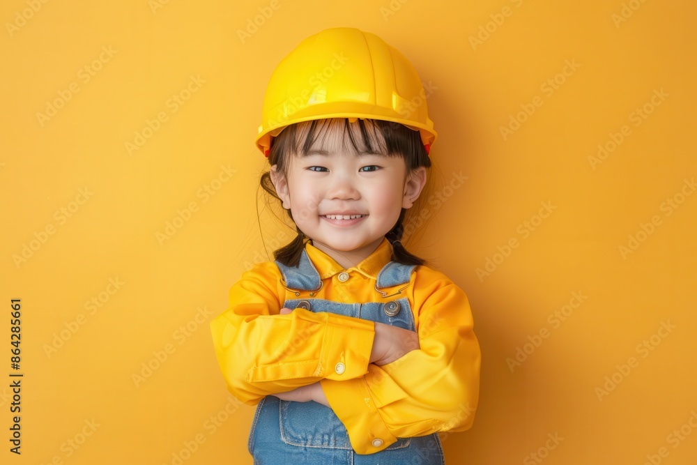 Portrait photography of a cute little professional, smiling, cute little chef with a ladle , showing thumb-up on yellow color background, editorial style Portrait photography of a cute little professional, smiling, cute little chef with a ladle , showing thumb-up on yellow color background, editorial style