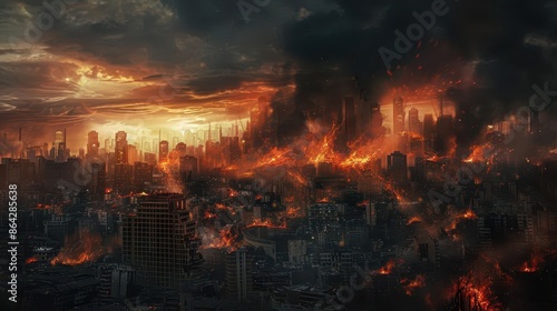 apocalyptic city destroyed by firestorm burning buildings dark smoke disaster scene dramatic digital illustration