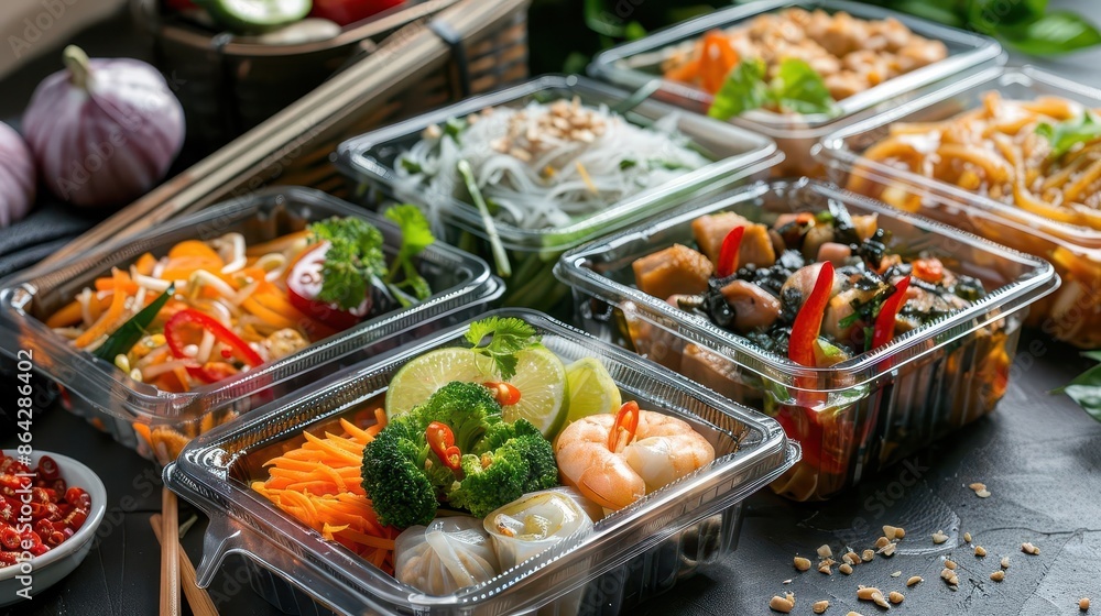 assorted thai lunch boxes in clear plastic packaging modern food photography assorted thai lunch boxes in clear plastic packaging modern food photography
