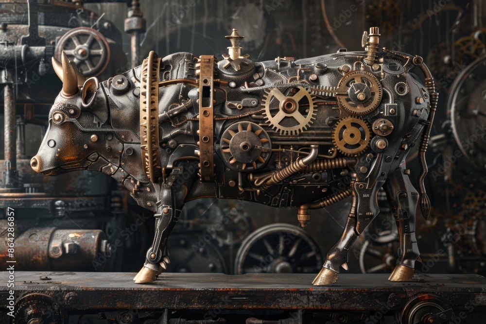 Steampunk Cow Illustration with Mechanical Elements and Gears for Unique Decor or Design Inspiration Steampunk Cow Illustration with Mechanical Elements and Gears for Unique Decor or Design Inspiration