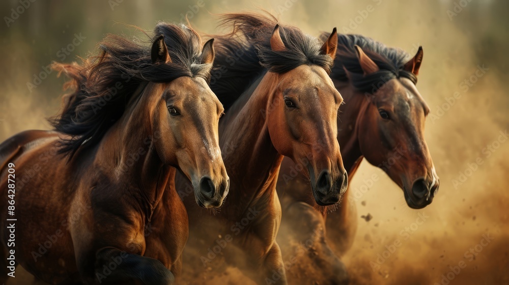 Obraz premium Close-up of three brown horses galloping side by side through a dusty field, showcasing their strength and powerful movement. Perfect for nature and wildlife themes