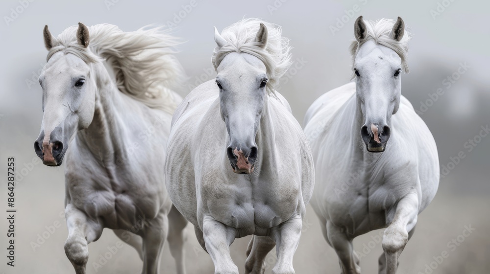 Obraz premium Three powerful white horses galloping side by side, showcasing their strength and grace. The image captures their synchronized movement and majestic beauty, perfect for nature and wildlife themes
