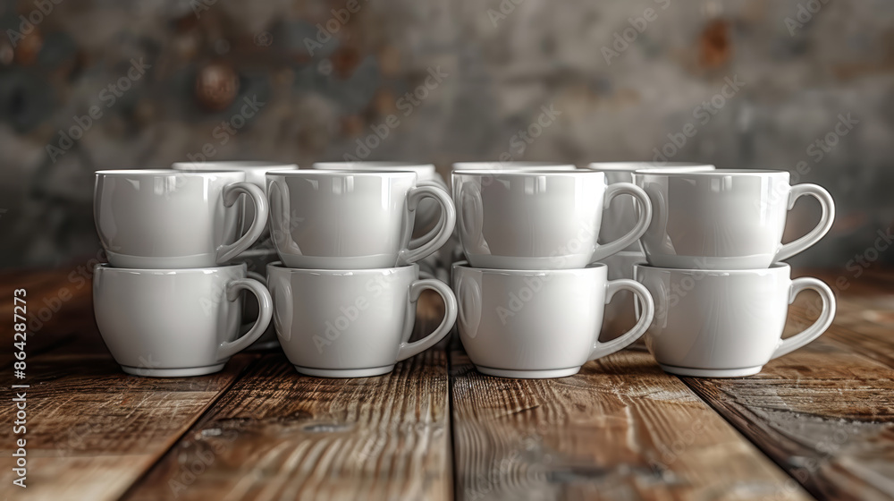 A stack of white cups on a wooden table. A stack of white cups on a wooden table.