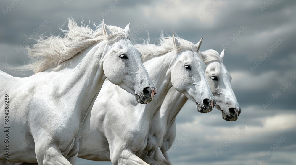 Obraz premium Three majestic white horses galloping side by side against a dramatic cloudy sky, showcasing their power and grace. Ideal for nature and wildlife themes