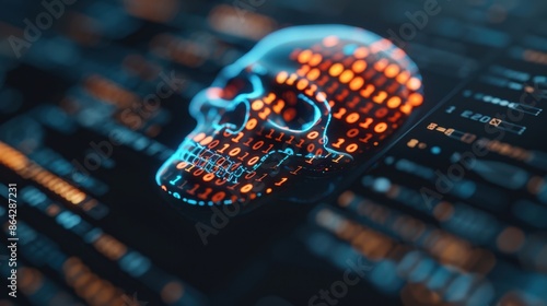 Digital skull made of colorful binary code representing cybersecurity, hacking, and data protection. Futuristic technology concept. photo