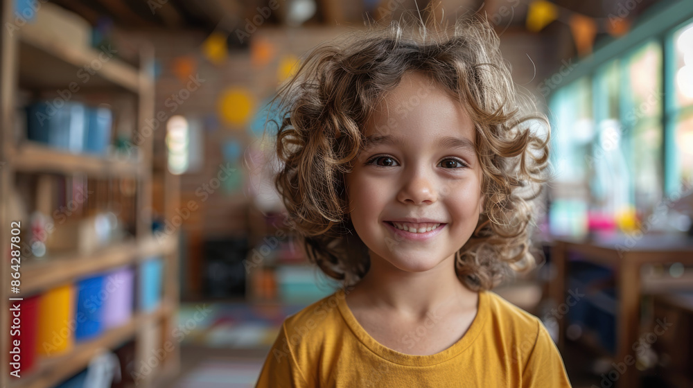 The image shows a close-up portrait of a happy child smiling. The child has curly brown hair and is wearing a yellow shirt. The background is blurred and contains colorful shelves and decorations. The image shows a close-up portrait of a happy child smiling. The child has curly brown hair and is wearing a yellow shirt. The background is blurred and contains colorful shelves and decorations.