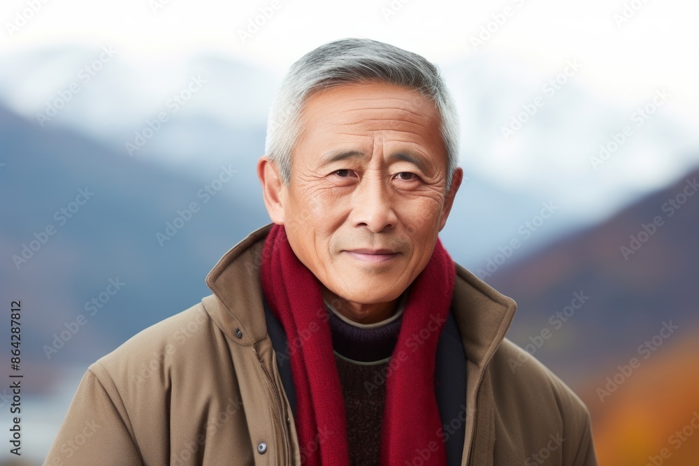 Portrait of a tender asian man in his 60s dressed in a warm wool sweater while standing against backdrop of mountain peaks Portrait of a tender asian man in his 60s dressed in a warm wool sweater while standing against backdrop of mountain peaks
