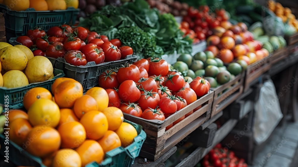 Colorful display of fresh fruits and vegetables at a farmer's market, including tomatoes, oranges, and greens in wooden crates. Colorful display of fresh fruits and vegetables at a farmer's market, including tomatoes, oranges, and greens in wooden crates.