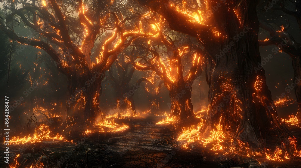 Ethereal forest engulfed in flames, with glowing trees and a surreal atmosphere, representing both beauty and devastation. Ethereal forest engulfed in flames, with glowing trees and a surreal atmosphere, representing both beauty and devastation.