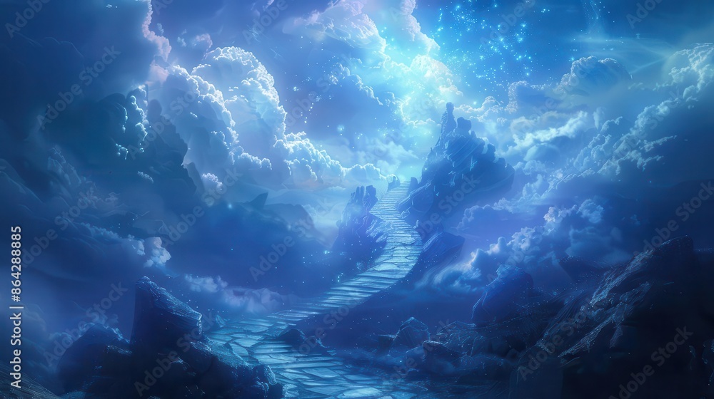 Obraz premium celestial stairway ethereal path to heavens gates in radiant glory digital concept art