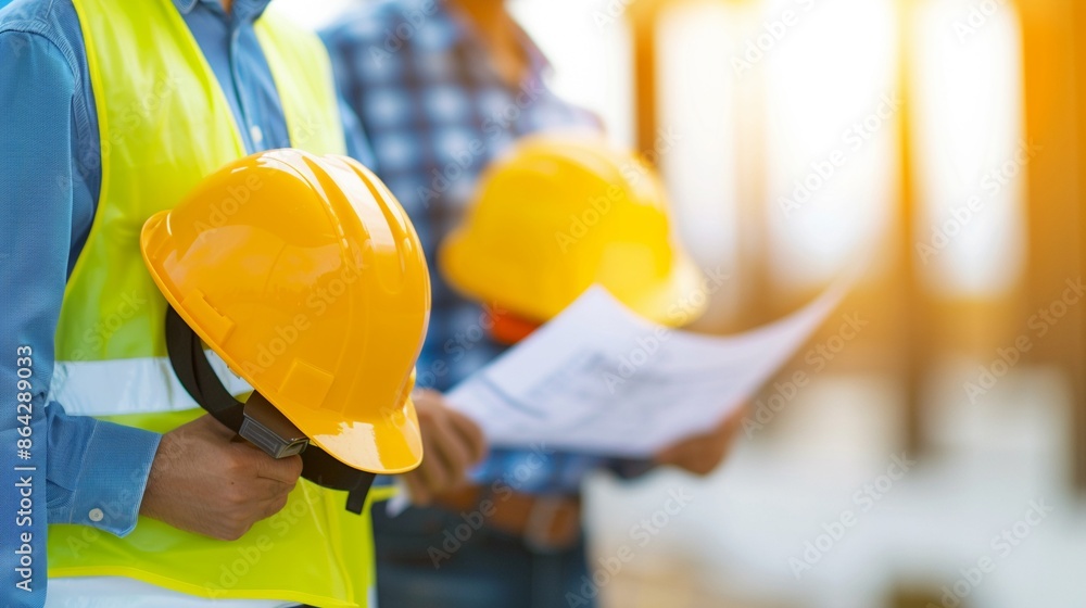 Realistic construction worker following blueprints on a construction site, holding detailed plans and discussing them with a colleague, bright environment, sharp clarity Realistic construction worker following blueprints on a construction site, holding detailed plans and discussing them with a colleague, bright environment, sharp clarity