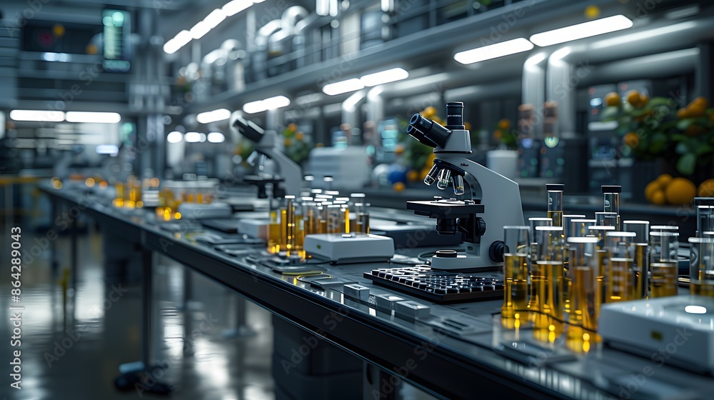 Modern laboratory with microscopes and test tubes filled with various colored liquids, showcasing a scientific research environment. Modern laboratory with microscopes and test tubes filled with various colored liquids, showcasing a scientific research environment.