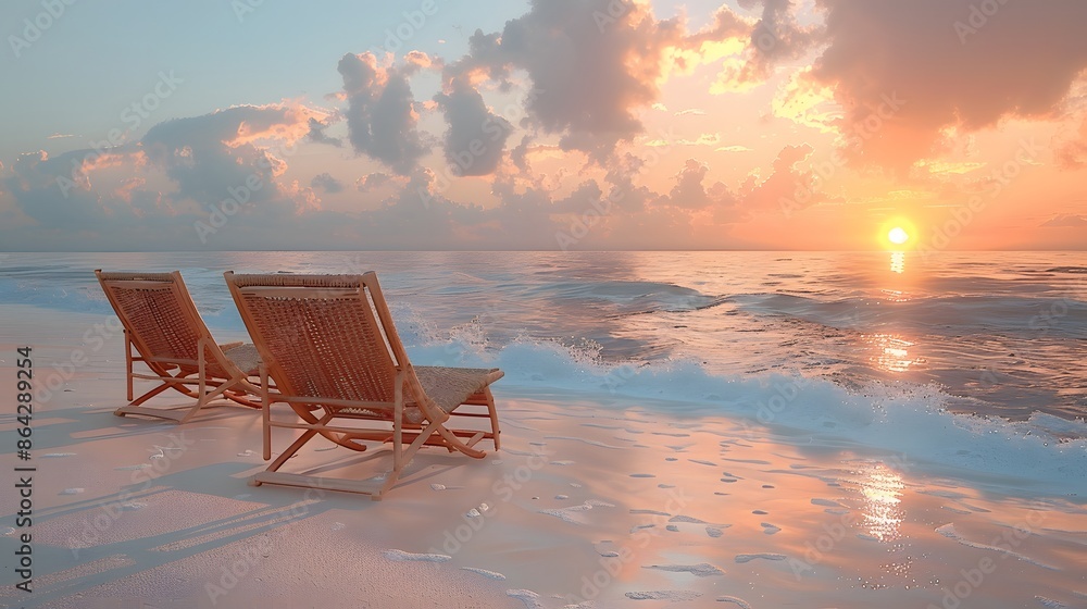 Two beach chairs facing the serene ocean at sunrise, with soft waves gently hitting the shore, creating a peaceful and tranquil scene. Two beach chairs facing the serene ocean at sunrise, with soft waves gently hitting the shore, creating a peaceful and tranquil scene.