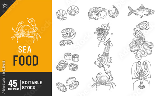 Editable sea food line icon set. Vector illustration. chicken, octopus, beef, and more.