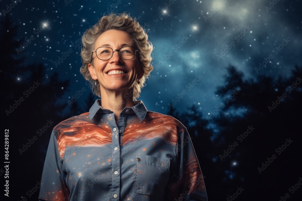 Fototapeta premium Portrait of a happy woman in her 50s sporting a breathable hiking shirt on backdrop of starlit galaxies