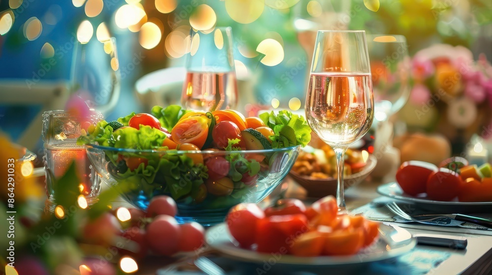 colorful festive table setting with food wine glasses and salad bowl dinner party scene colorful festive table setting with food wine glasses and salad bowl dinner party scene