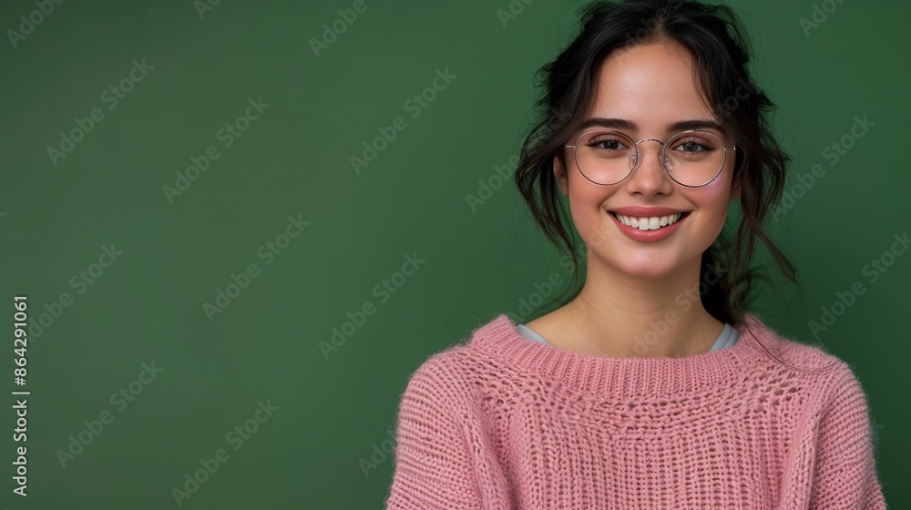 Fototapeta premium Portrait of a cheerful young woman with glasses, wearing a pink sweater, smiling against a green background. This image is ideal for lifestyle, fashion, and casual concepts. AI
