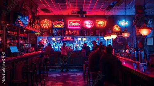 A futuristic bar with holographic beer taps and digital menus