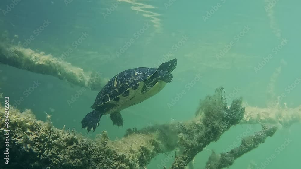 Close-up on a beautiful yellow-bellied slider turtle (Trachemys scripta scripta) swimming in the blue waters of a lake. Close-up on a beautiful yellow-bellied slider turtle (Trachemys scripta scripta) swimming in the blue waters of a lake.