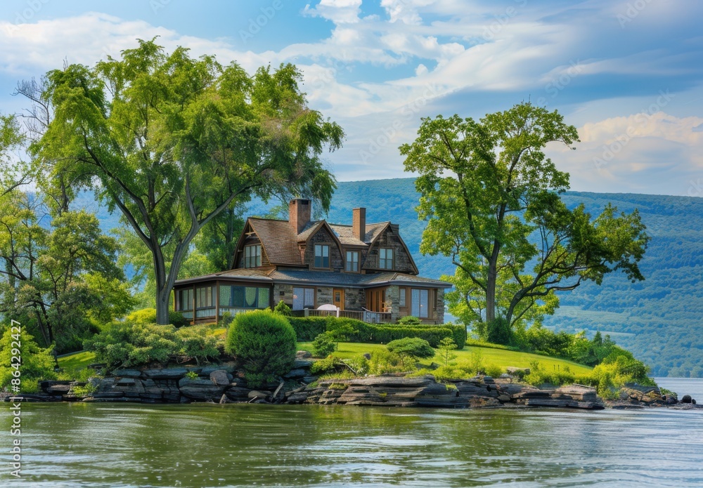 A beautiful house on the shore of the lake overlooking a picturesque island with trees and green grass, with a blue sky and calm waters Generative AI A beautiful house on the shore of the lake overlooking a picturesque island with trees and green grass, with a blue sky and calm waters Generative AI