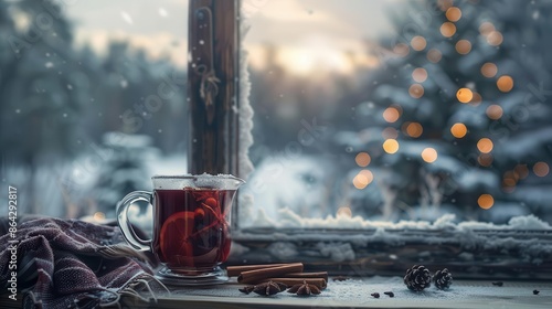 cozy mulled wine with cinnamon and winter landscape reflected in glass rustic still life photo