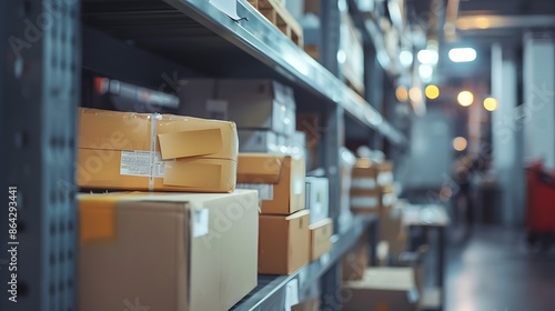 Blurred Image of Postal Sorting Area with Packages and Letters,Ample Copy Space