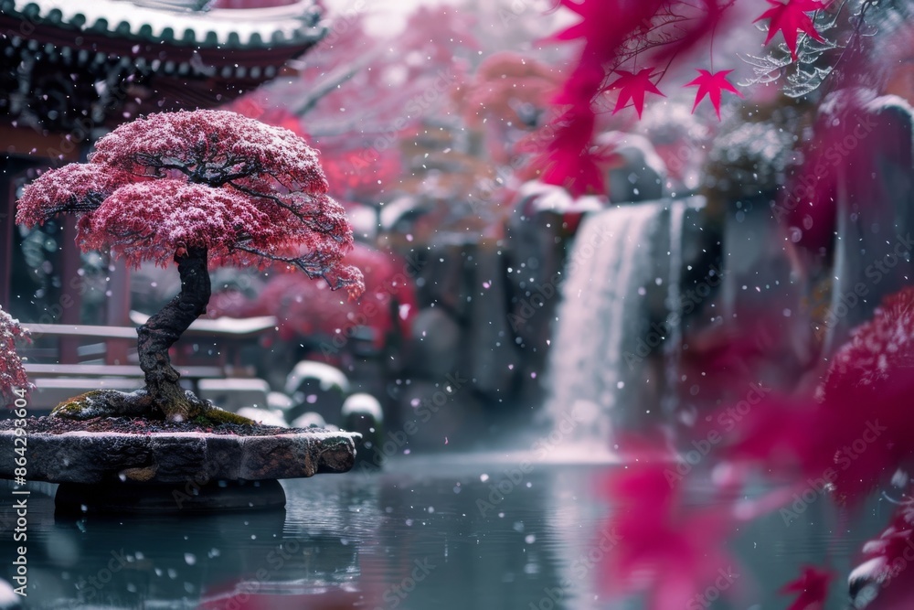 Serene Winter Garden with Pink Bonsai Trees and Waterfall in a Peaceful Japanese Landscape Serene Winter Garden with Pink Bonsai Trees and Waterfall in a Peaceful Japanese Landscape