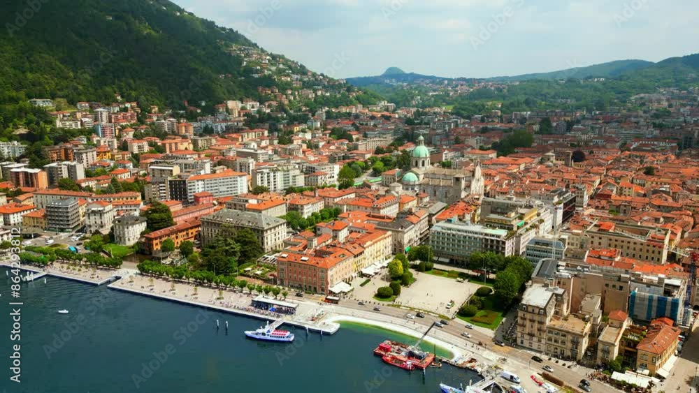 Aerial, drone view of Como, Italy on the shore of Lake Como Aerial, drone view of Como, Italy on the shore of Lake Como