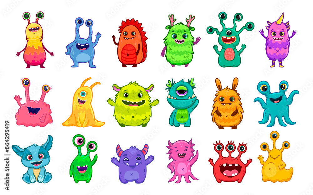 Obraz premium Big set of cartoon monsters. Cute monsters. Kids funny character design for posters, cards., magazins.