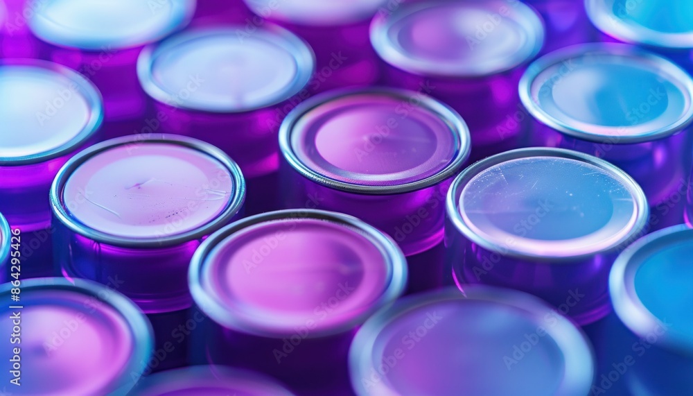Blue and purple liquid containers arranged in row on background of matching colors for beauty and fashion industry Blue and purple liquid containers arranged in row on background of matching colors for beauty and fashion industry