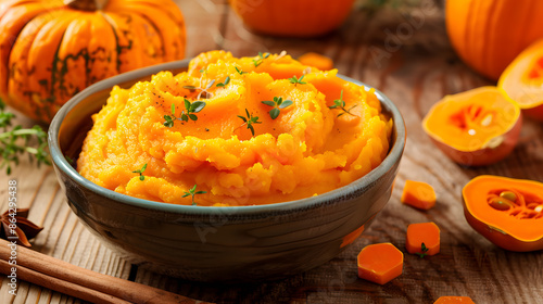 Yummy yellow mashed pumpkin in a bowl on a wooden plate 