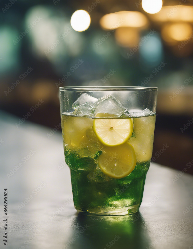an iced glass of soda with lemon and green tea an iced glass of soda with lemon and green tea