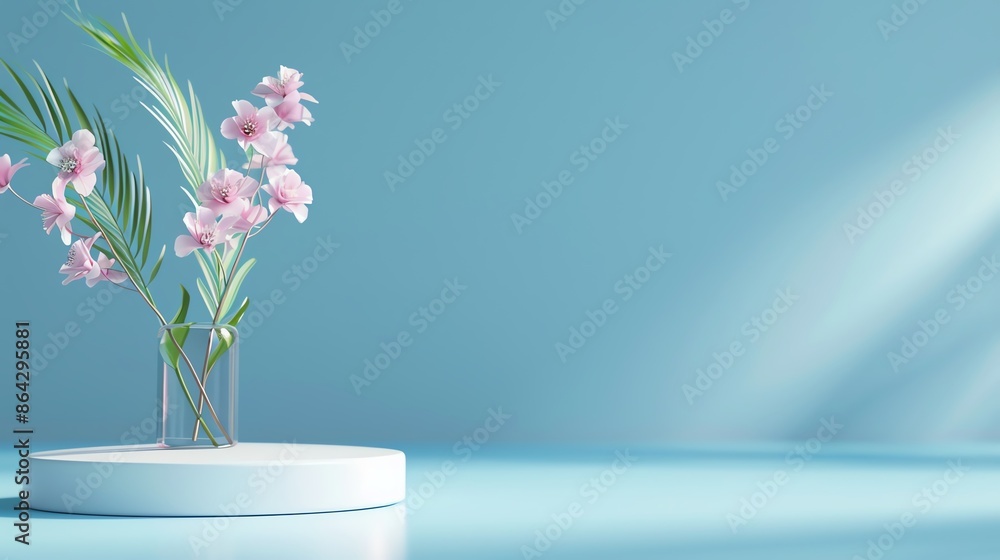 Minimalist floral arrangement with pink flowers in a vase on a blue background. Clean and serene aesthetic for interior design inspiration. Minimalist floral arrangement with pink flowers in a vase on a blue background. Clean and serene aesthetic for interior design inspiration.