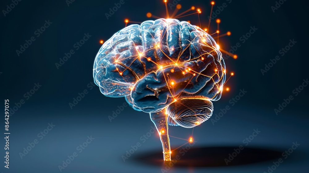 3D rendering of a brain with highlighted neural pathways, Neuroscience, Brain structure exploration. 3D rendering of a brain with highlighted neural pathways, Neuroscience, Brain structure exploration.