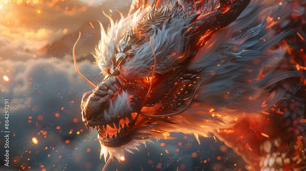 Chinese Dragon , feathers, beard, flaming red eyes, sharp teeth, mouth spitting fire, cyberpunk Chinese Dragon , feathers, beard, flaming red eyes, sharp teeth, mouth spitting fire, cyberpunk
