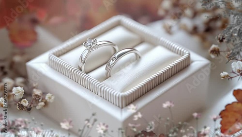 Close up of diamond ring with white jewelry gift wedding box, motion animation video background photo