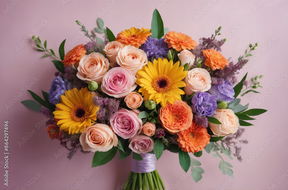 Vibrant bouquet with colorful roses gerberas and lisianthus showcasing shades of orange yellow pink and purple Vibrant bouquet with colorful roses gerberas and lisianthus showcasing shades of orange yellow pink and purple