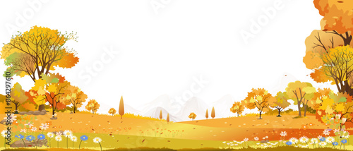Autumn landscape with forest tree background,Cartoon Scene Fall Season Mountain,Meadow,Orange Foliage on white background,Vector nature morning sunrise grass field,maple tree,farm land in country