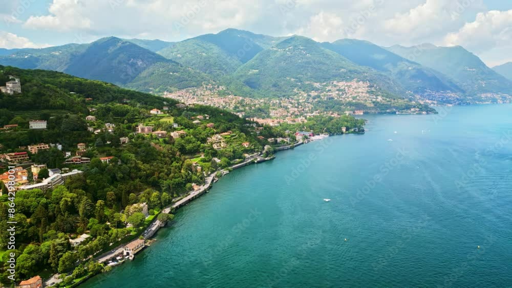 Aerial, drone view of Como, Italy on the shore of Lake Como Aerial, drone view of Como, Italy on the shore of Lake Como
