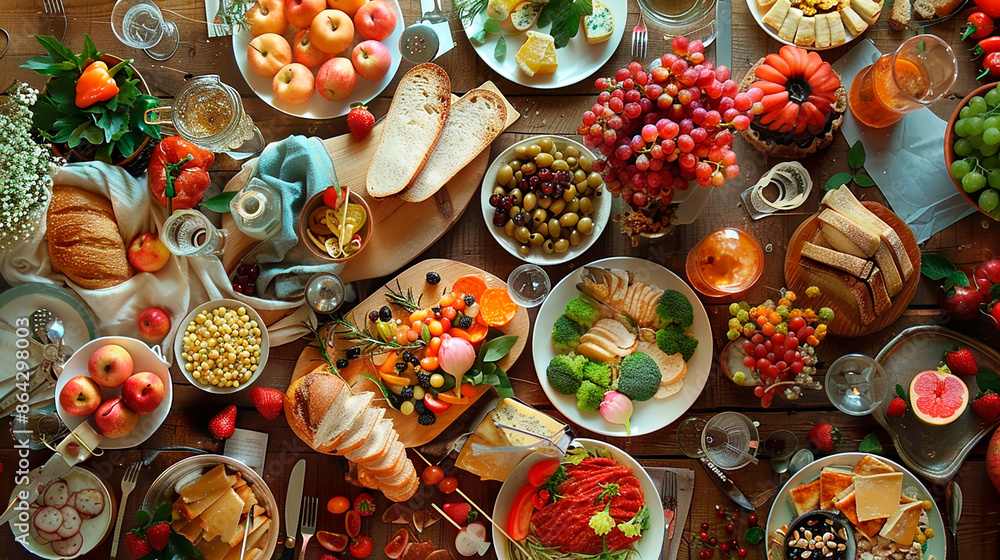 Fototapeta premium An abundant spread of various fresh and colorful foods on a table, including fruits, vegetables, cheese, bread, and other gourmet items, ideal for a festive meal